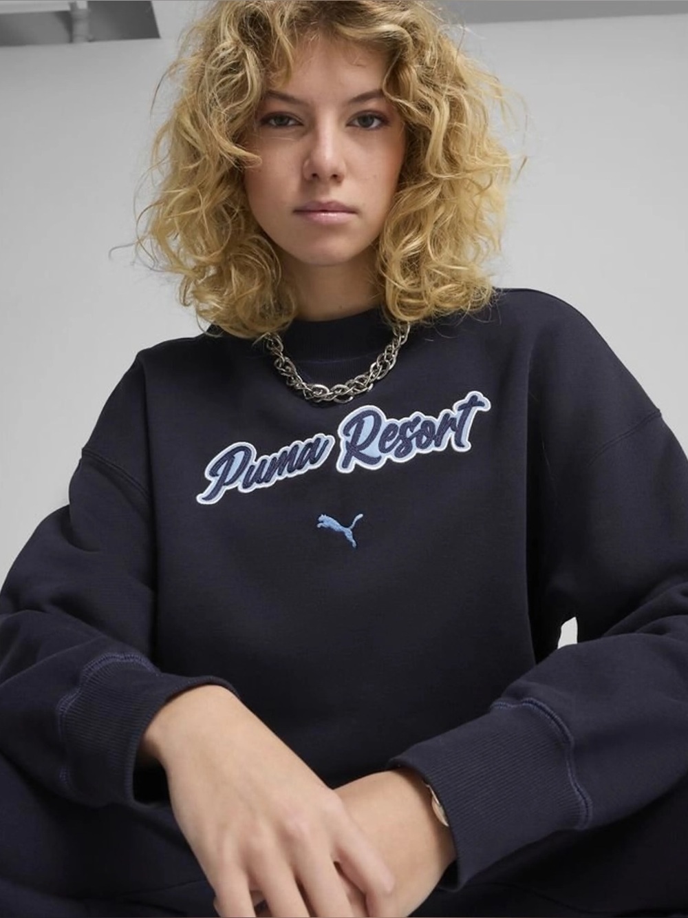 Puma Sample Oversized Cropped Sweatshirt Loose Baggy Graphic Navy Blue